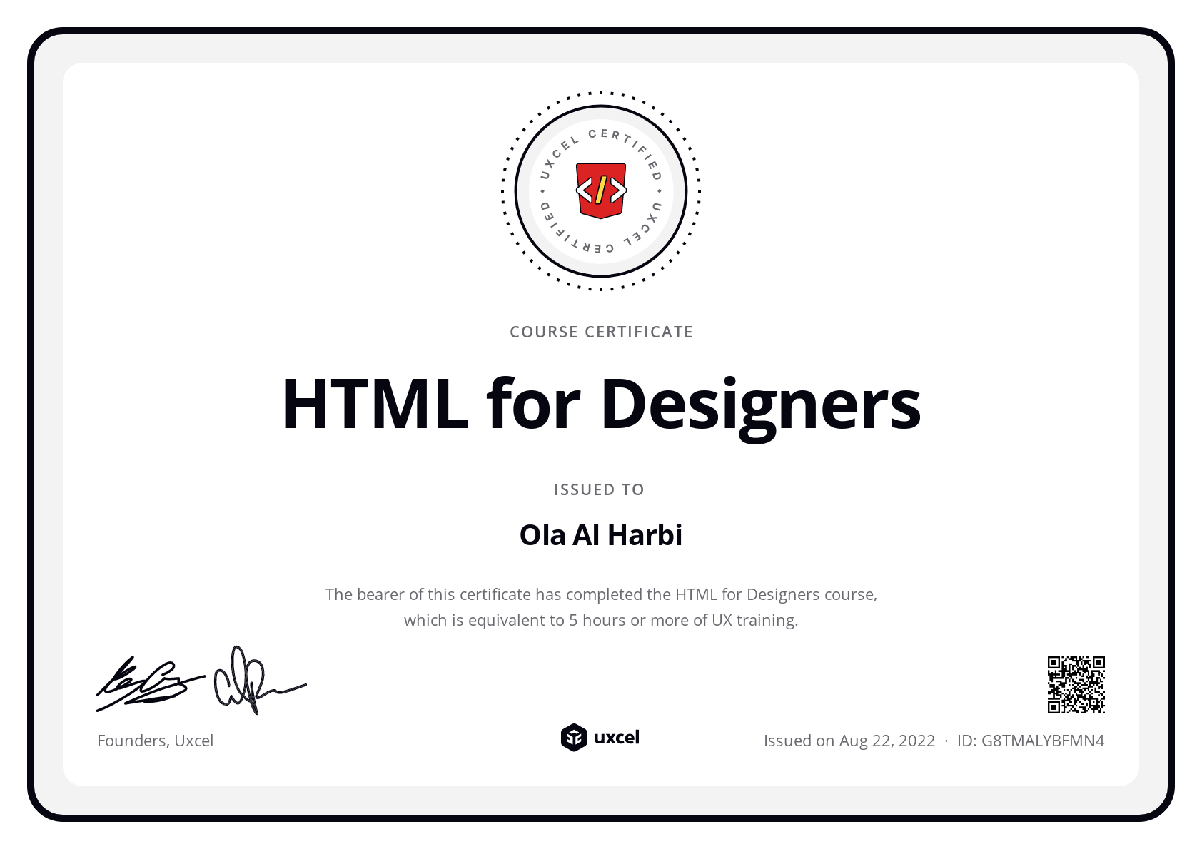 Ola Al Harbi's certificate
